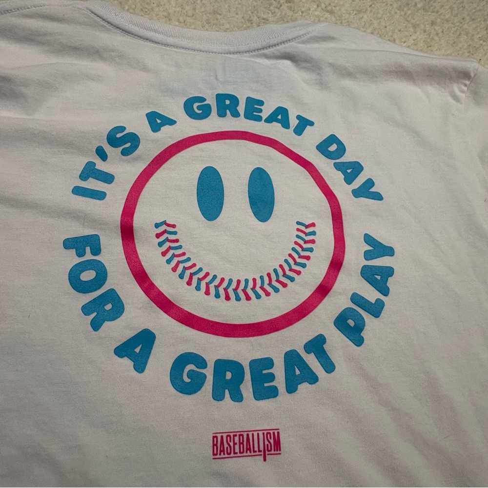 White Baseballism Great Day Graphic Tee with Blue and Pink Accents UNISEX - Picture 7 of 8